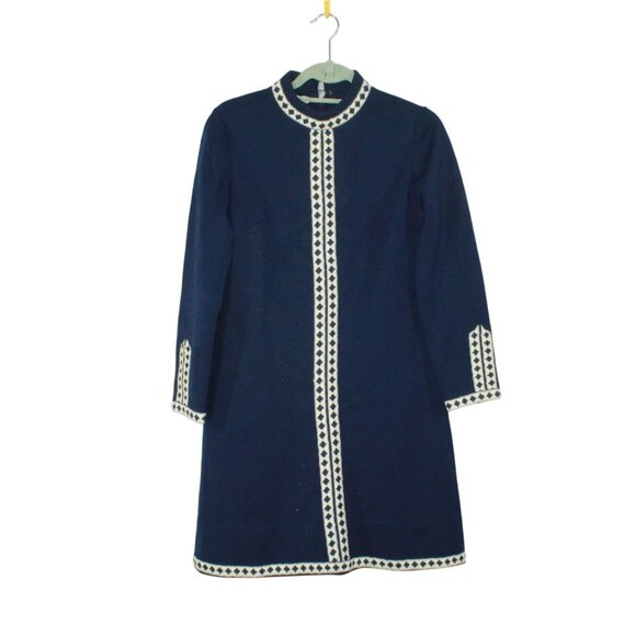 R&K Knits Dresses & Skirts - Vintage R&K Knits Womens Navy Blue Embroidered High Neck Dress Dark Academia Mod